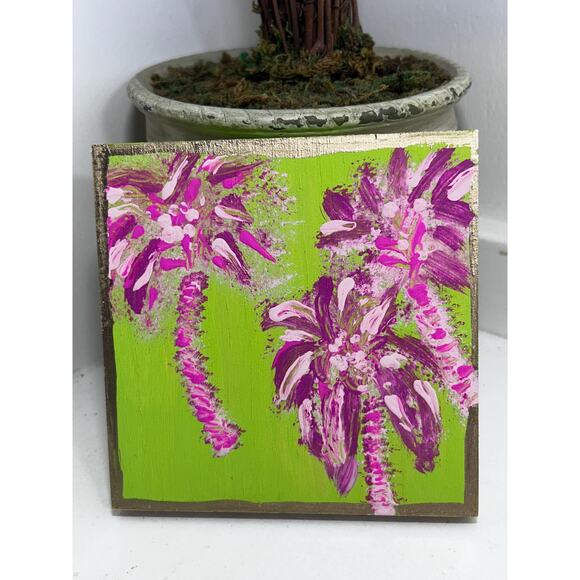 Other - Lilly Inspired Palm Tree Art Dorm Decor Pink Green Hand Painted Wall Art 5x5